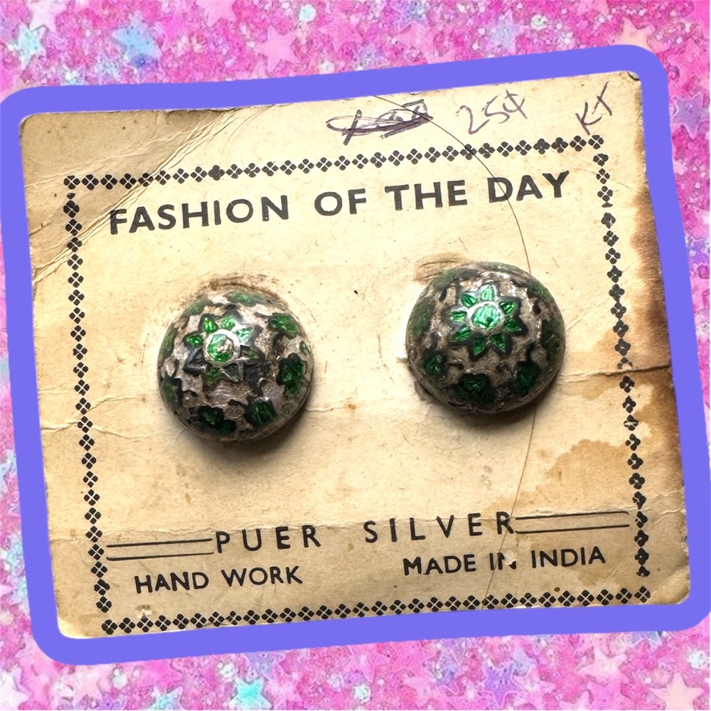 Puer pure silver vintage enamel clip on earrings 30s 40s 50s India jewelry green